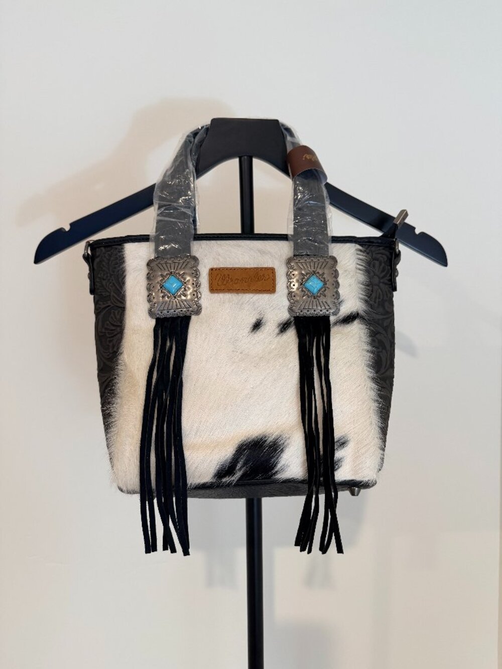 Wrangler Cowhide Fringe Tote Purse Medium Turquoise Concho Western